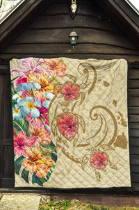 Hawaii Triple Marble Turtle Polynesian Hibiscus Premium Quilt - AH - Benjamin Style - Beige - Polynesian Pride