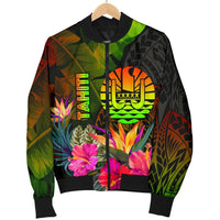 Tahiti Polynesian Men's Bomber Jacket - Hibiscus and Banana Leaves - Polynesian Pride