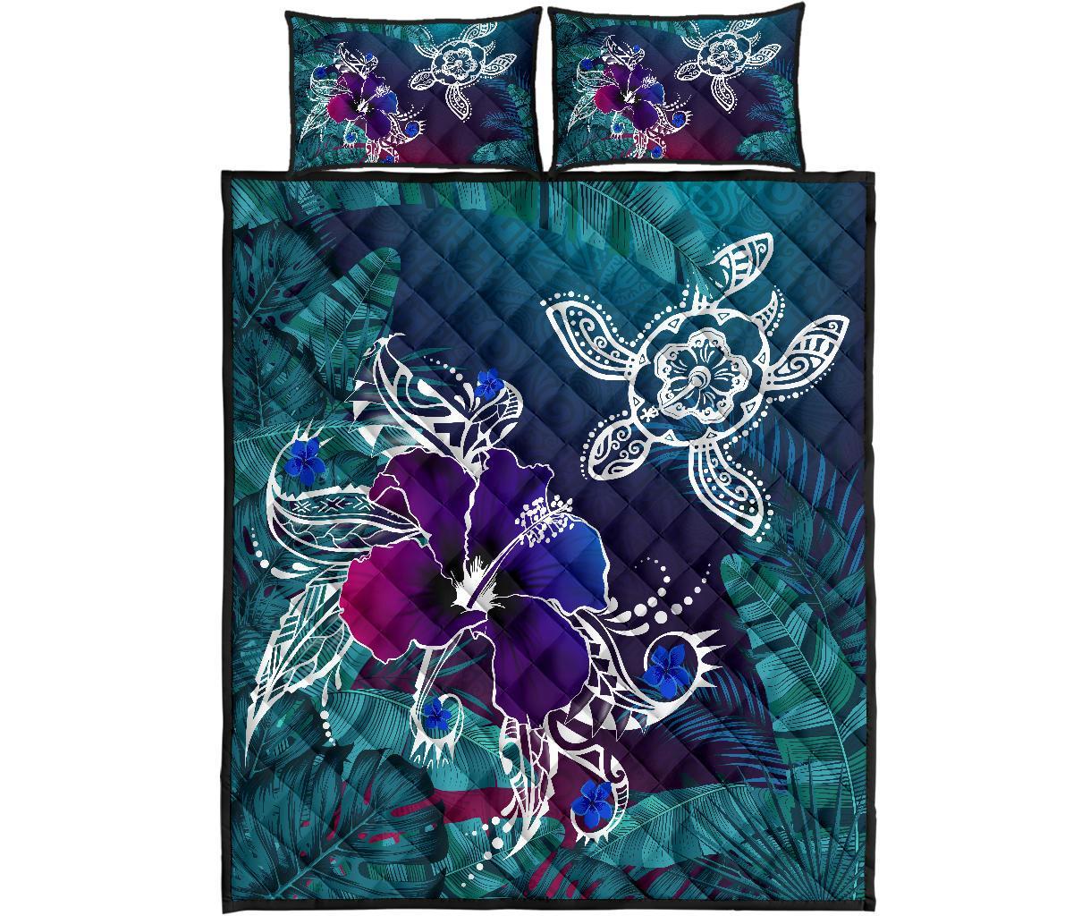 Hawaii Quilt Bed Set - Hawaii Turtle Flowers And Palms Retro Green - Polynesian Pride
