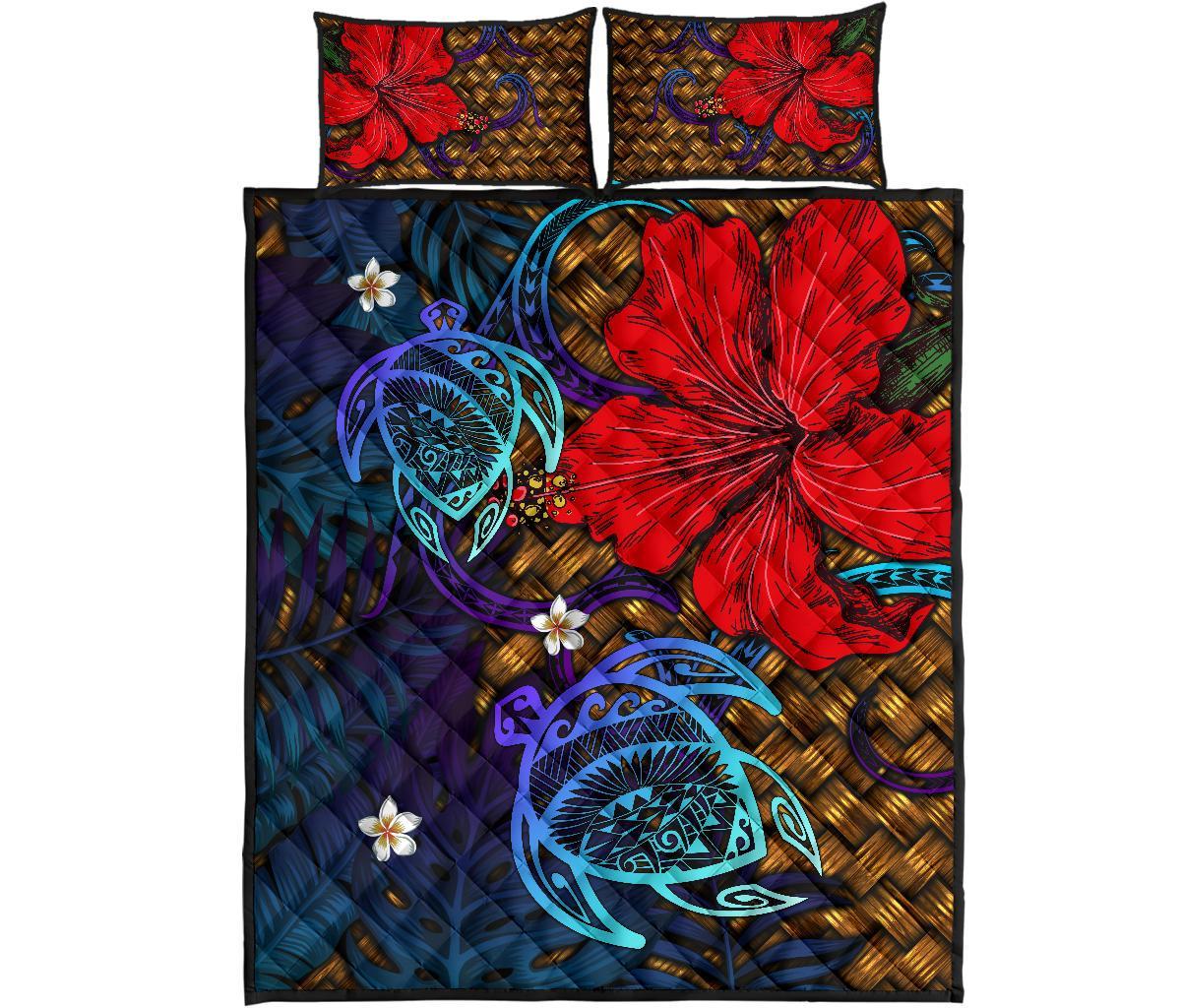 Hawaii Lauhala Hibiscus Polynesian Tropical Blue Quilt Bed Set - Wake Style - AH Blue - Polynesian Pride