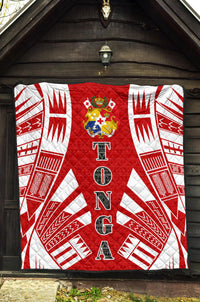 Tonga Premium Quilt - Tonga Coat Of Arms Polynesian White Tattoo (Red) - Polynesian Pride