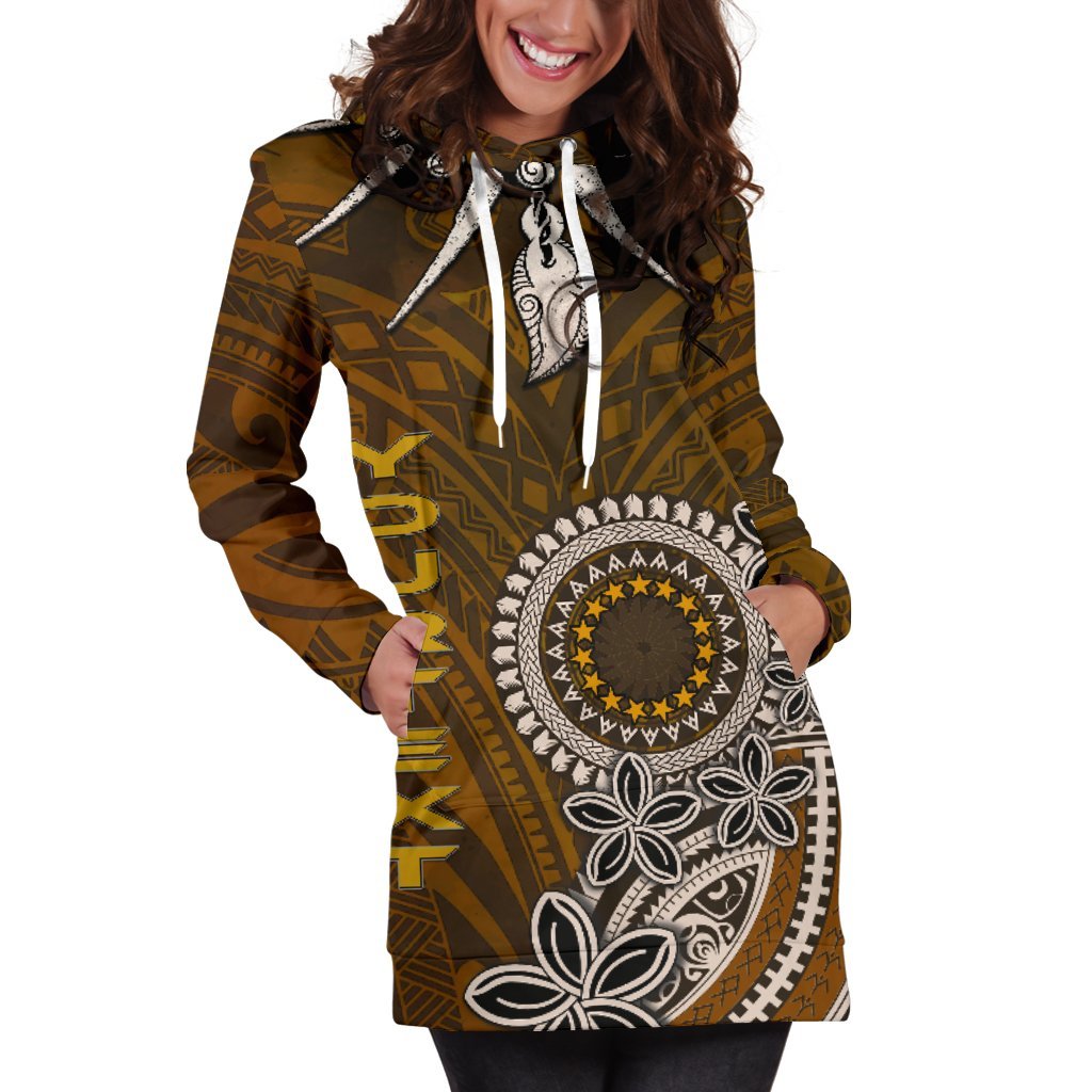 Cook Islands Custom Personalised Women's Hoodie Dress - Polynesian Boar Tusk Brown - Polynesian Pride