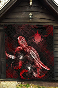 Marshall Islands Polynesian Premium Quilt - Turtle With Blooming Hibiscus Red - Polynesian Pride