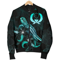 Pohnpei Polynesian Men's Bomber Jacket - Turtle With Blooming Hibiscus Turquoise - Polynesian Pride