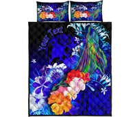 Tonga Custom Personalised Quilt Bed Set - Humpback Whale with Tropical Flowers (Blue) - Polynesian Pride