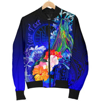 Tahiti Custom Personalised Men's Bomber Jacket - Humpback Whale with Tropical Flowers (Blue) - Polynesian Pride