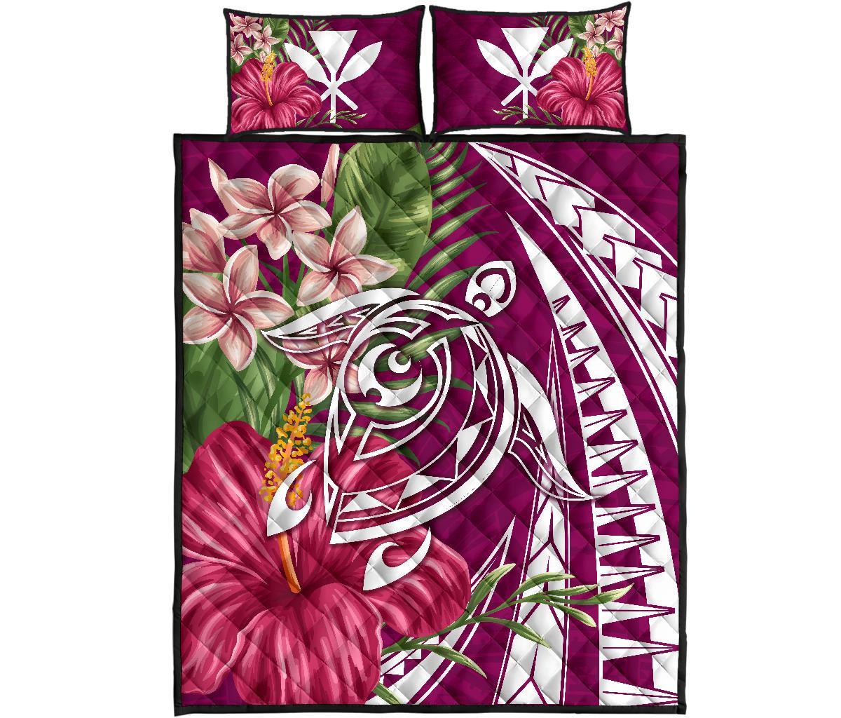 Hawaii Polynesian Turtle Tropical Hibiscus Plumeria Quilt Bed Set - Pink Art - Polynesian Pride