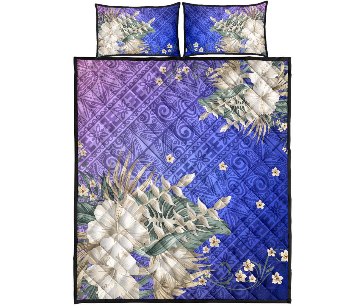 Hawaii Quilt Bed Set - Hawaii Hibiscus Polynesian Culture Revival Blue - Polynesian Pride