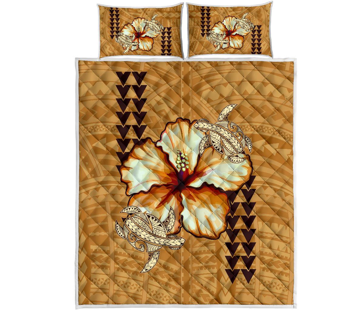 Hawaii Quilt Bed Set - Hawaiian Vintage Hibiscus White Brown - Polynesian Pride