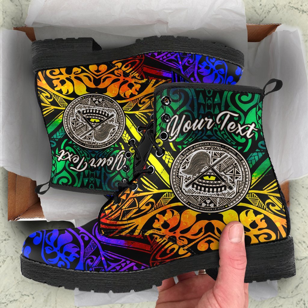 American Samoa Custom Personalised Leather Boots - Rainbow Polynesian Pattern Rainbow - Polynesian Pride