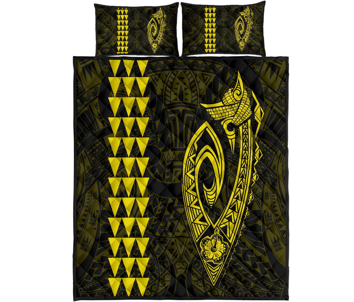 Hawaii Kakau Makau Fish Hook Polynesian Quilt Bed Set - Yellow Yellow - Polynesian Pride