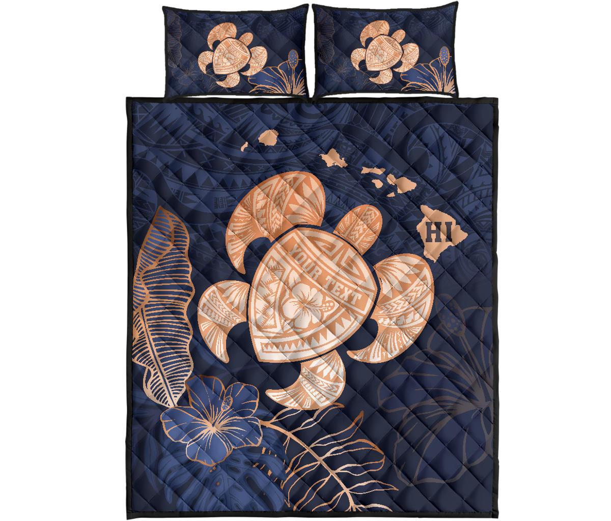 Personalized - Hawaii Polynesian Turtle Map Hibiscus Tropical Quilt Bed Set - Indigo Blue - Polynesian Pride
