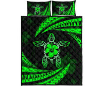 Hawaii Quilt Bed Set - Hibiscus Turtle Tribal Waves Green Green - Polynesian Pride