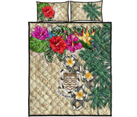 Tuvalu Polynesian Quilt Bed Set - Hibiscus Turtle Tattoo Beige - Polynesian Pride