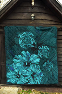 Hawaiian Map Hibiscus Turtle Vintage Polynesian Premium Quilt Turquoise - Polynesian Pride