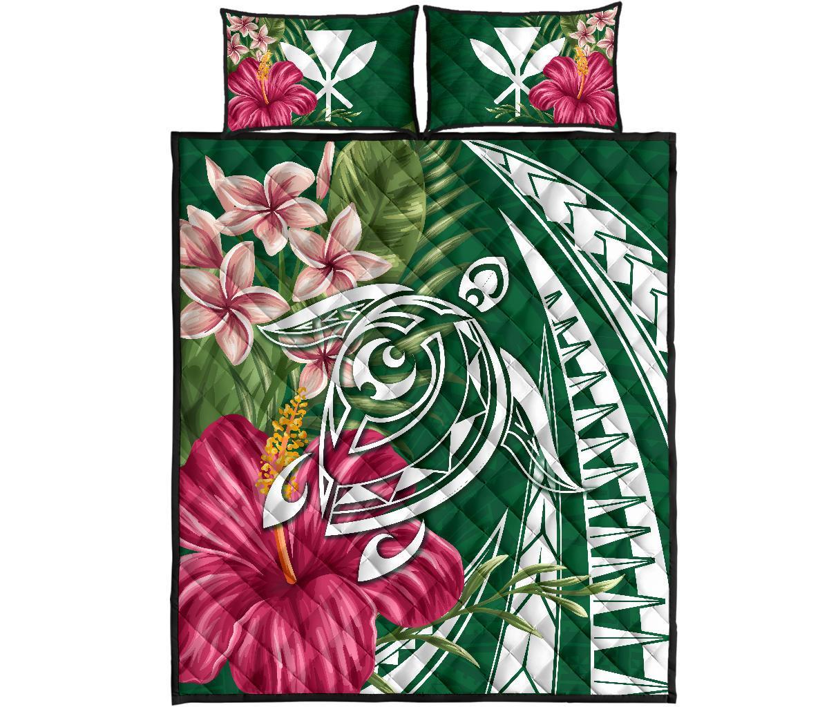 Hawaii Polynesian Turtle Tropical Hibiscus Plumeria Quilt Bed Set - Green Green - Polynesian Pride