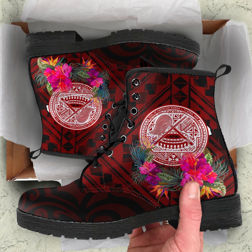 American Samoa Leather Boots - Coat Of Arm With Polynesian Patterns Red - Polynesian Pride
