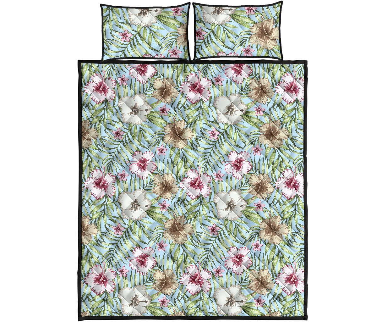 Tropical Hibiscus Palm Leaves Quilt Bed Set Art - Polynesian Pride