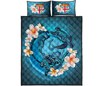 Fiji Polynesian Quilt Bed Set - Blue Plumeria Animal Tattoo - Polynesian Pride