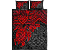 Tahiti Polynesian Quilt Bed Set - Tahiti Flag & Red Turtle Hibiscus Premium - Polynesian Pride