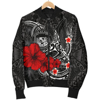 Polynesian Hawaii Men's Bomber Jacket - Humpback Whale with Hibiscus (White) - Polynesian Pride