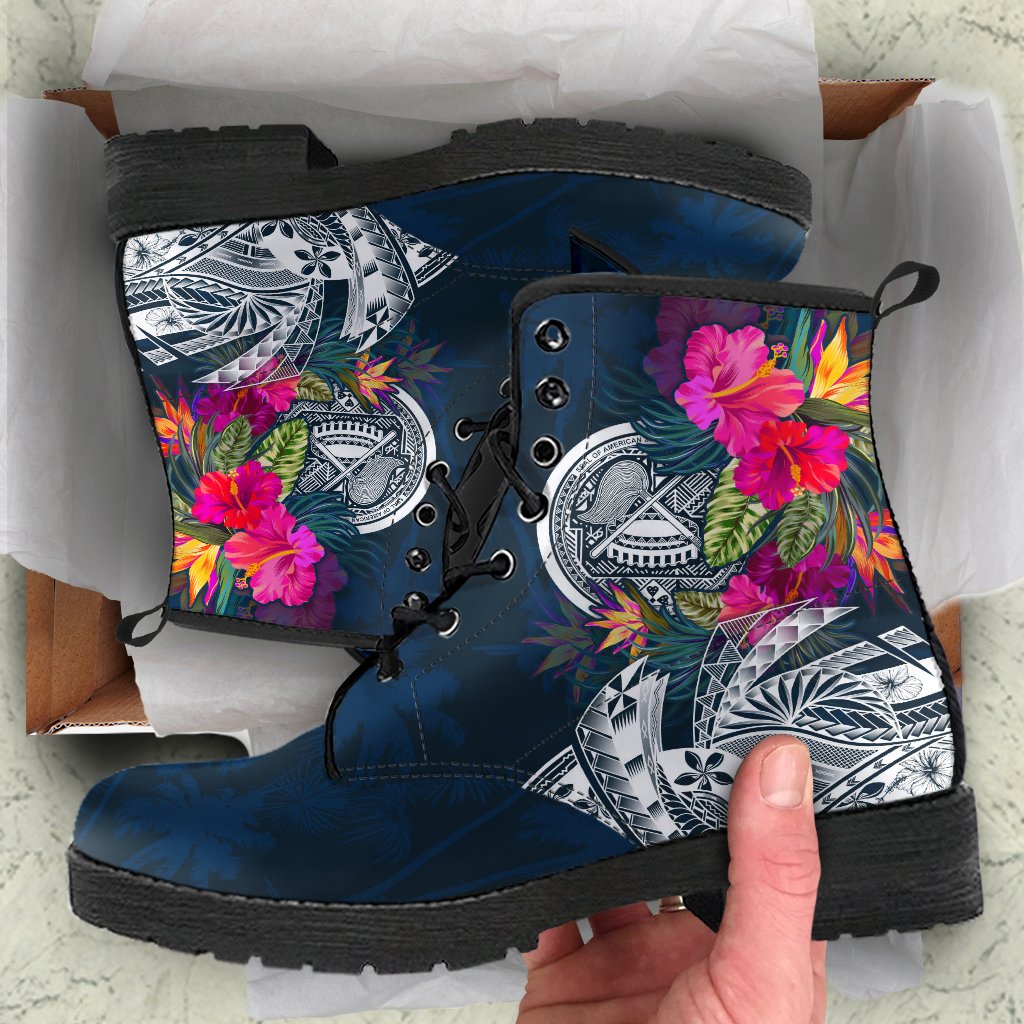 American Samoa Leather Boots - Polynesian Hibiscus with Summer Vibes Blue - Polynesian Pride