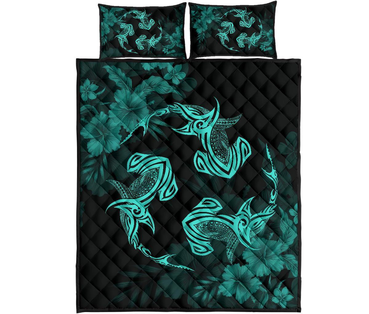 Hawaii Head Hammer Shark Hibiscus Turquoise Quilt Bed Set Turquoise - Polynesian Pride