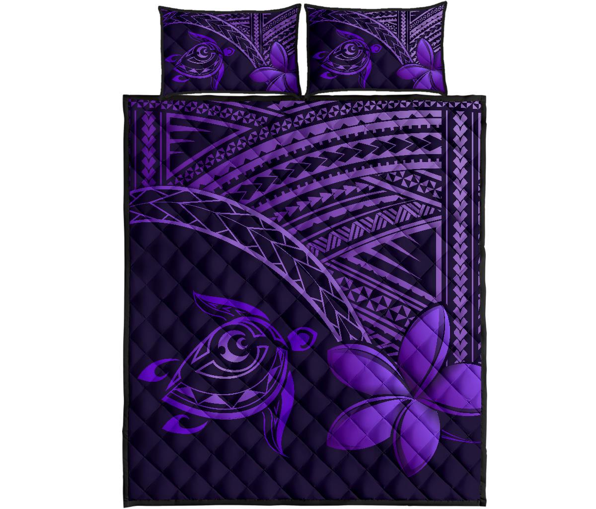 Hawaiian Turtle Plumeria Kakau Polynesian Quilt Bedding Set Purple Art - Polynesian Pride