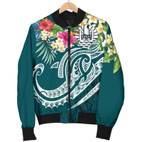 Tahiti Polynesian Men's Bomber Jacket - Summer Plumeria (Turquoise) - Polynesian Pride