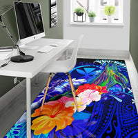 Polynesian Hawaii Custom Personalised Area Rugs - Kanaka Maoli Humpback Whale with Tropical Flowers (Blue) - Polynesian Pride