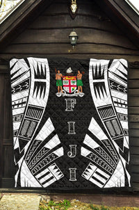 Fiji Premium Quilt - Fiji Coat Of Arms Polynesian White Tattoo (Black) - Polynesian Pride