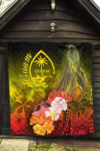 Guam Premium Quilt - Humpback Whale with Tropical Flowers (Yellow) - Polynesian Pride