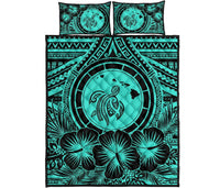 Hawaiian Map Honu Hibiscus Turquoise Polynesian Quilt Bed Set Turquoise - Polynesian Pride