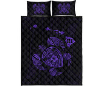 Hawaii Turtle Hibicus Map Quilt Bed Set - Purple Art - Polynesian Pride