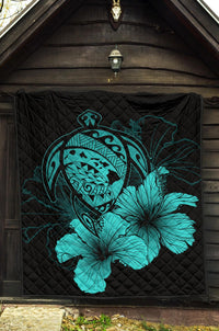 Hawaii Hibiscus Premium Quilt - Turtle Map - Turquoise - Polynesian Pride
