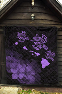 Hawaii Hibiscus Map Polynesian Ancient Turtle Purple Premium Quilt - Polynesian Pride