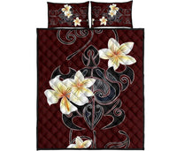 Hawaii Quilt Bed Set - Turtle Poly Tribal Plumeria Red Quilt Bed Set Red - Polynesian Pride