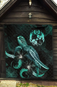 Tonga Polynesian Premium Quilt - Turtle With Blooming Hibiscus Turquoise - Polynesian Pride