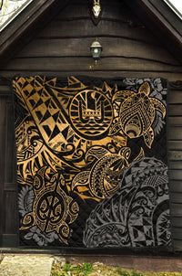 Tahiti Polynesian Premium Quilt - Gold Turtle HibiscusFlowing - Polynesian Pride