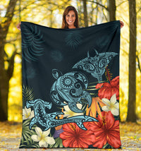 Hawaii Turtle Shark Manta Ray Hibiscus Plumeria Premium Blanket - Polynesian Pride