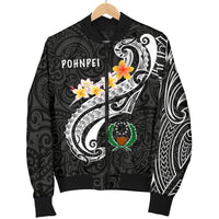 Pohnpei Men's Bomber Jacket - Pohnpei Seal Polynesian Patterns Plumeria (Black) - Polynesian Pride