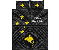 Papua New Guinea Quilt Bed Set - Flag With Polynesian Patterns (Black) - Polynesian Pride