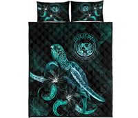 Hawaii Polynesian Quilt Bed Set - Turtle With Blooming Hibiscus Turquoise - Polynesian Pride