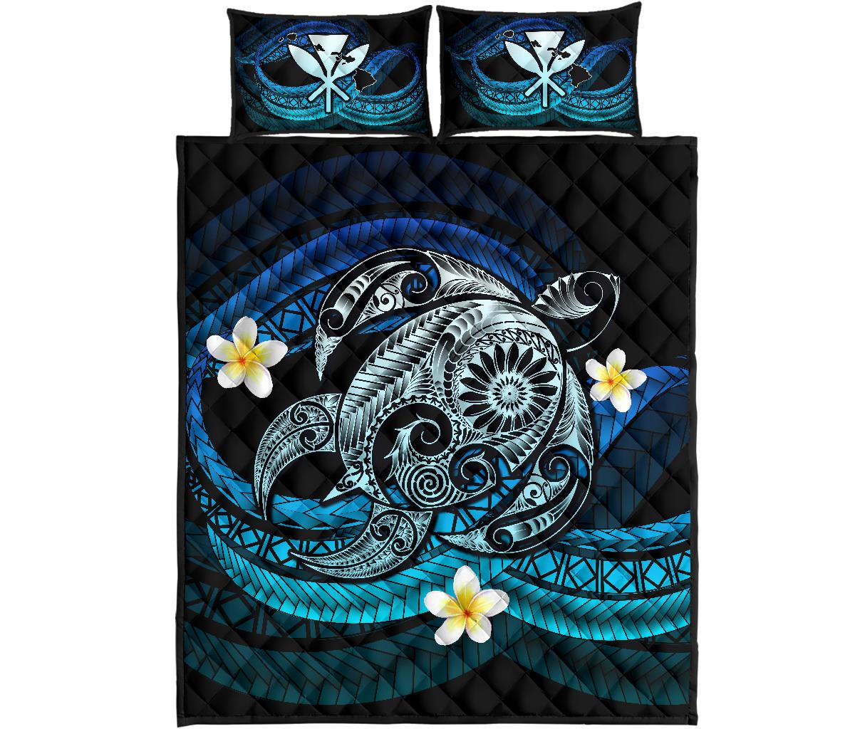 Hawaii Turtle Plumeria Polynesian Quilt Bed Set - Mela Style Black - Polynesian Pride