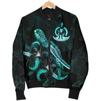 Vanuatu Polynesian Men's Bomber Jacket - Turtle With Blooming Hibiscus Turquoise - Polynesian Pride