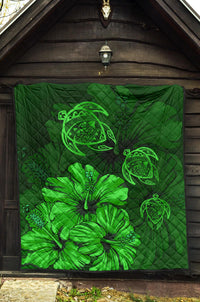 Hawaiian Map Turtle Hibiscus Vintage Polynesian Premium Quilt Green - Polynesian Pride