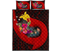 Papua New Guinea Quilt Bed Set - Polynesian Hook And Hibiscus (Red) - Polynesian Pride