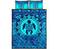 Polynesian Quilt Bed Set - Dark Blue Turtle Palm Torquoise Version - Polynesian Pride