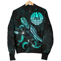 Tahiti Polynesian Men's Bomber Jacket - Turtle With Blooming Hibiscus Turquoise - Polynesian Pride