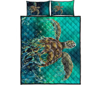 Hawaii Sea Turtle Water Color Travel Galaxy Quilt Bed Set - AH - Green Green - Polynesian Pride
